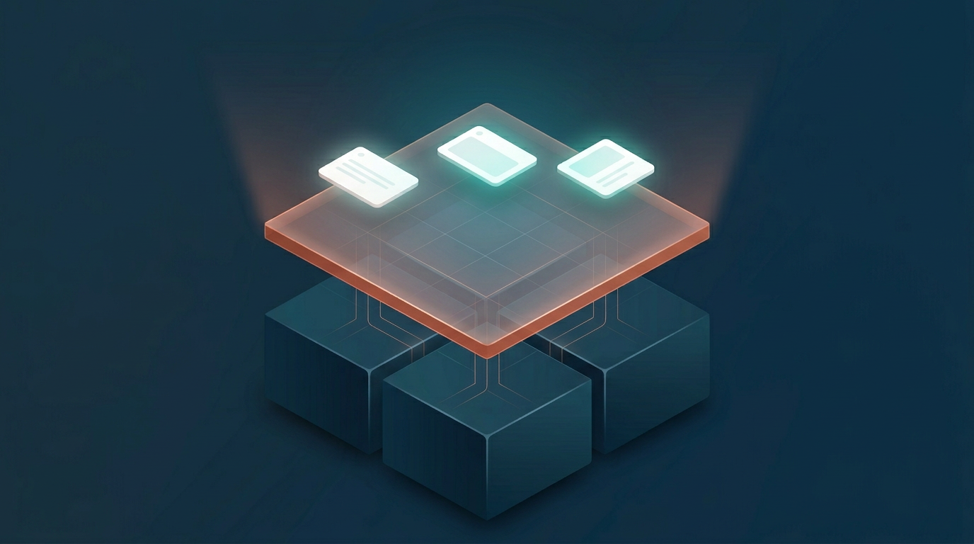 Three-tier isometric architecture: heavy foundation blocks at the base, the translucent Civium platform floating above with terracotta edge glow, and three simple interface cards hovering at the top.
