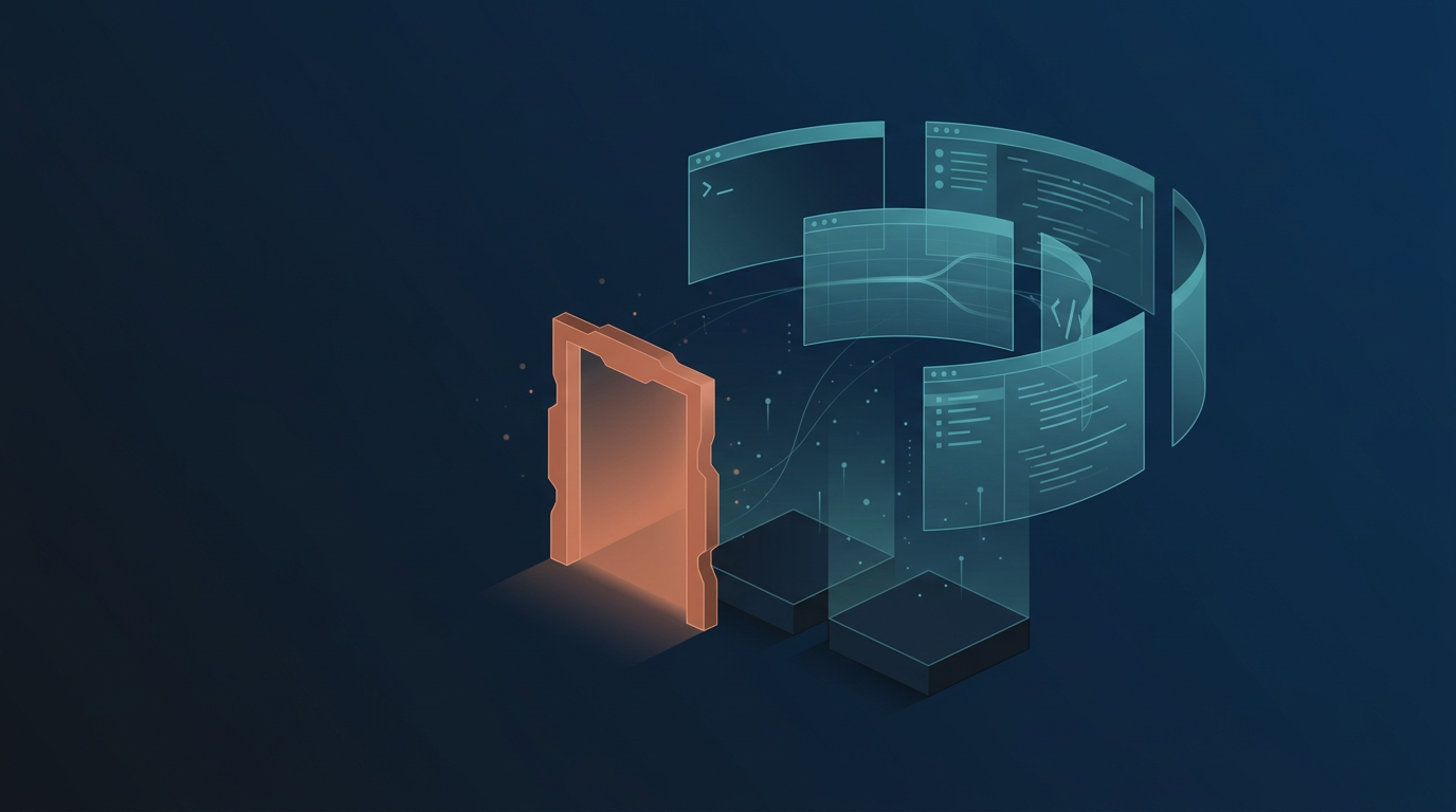 A terracotta portal opens beside an arc of translucent code workspace panels orbiting dark foundation blocks — engineering skills bridging the gap.