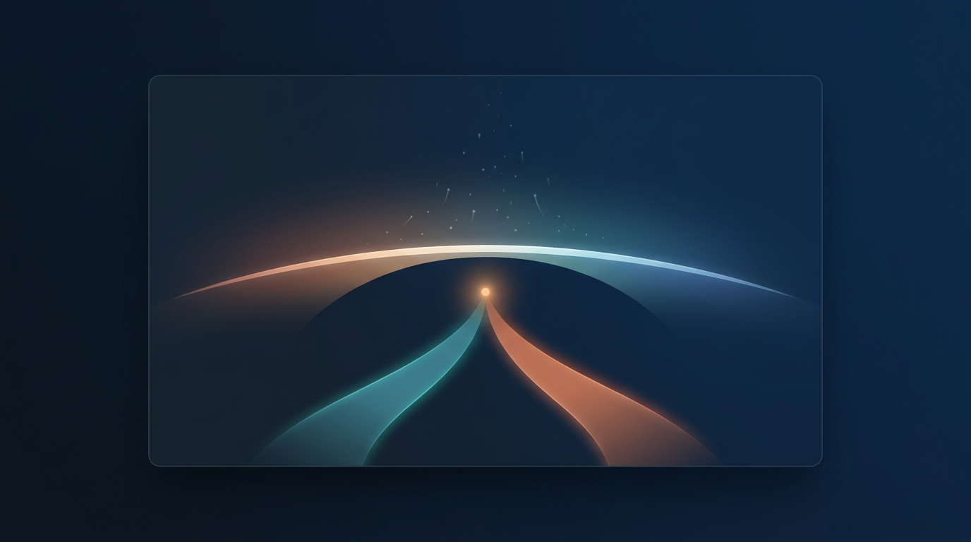 A luminous arc with two diverging paths — teal for nonprofit access and terracotta for developer contribution.